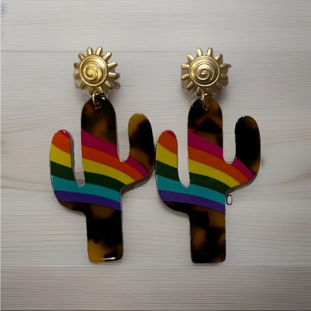 Cactus Earrings With Sun and Rainbow Stripe